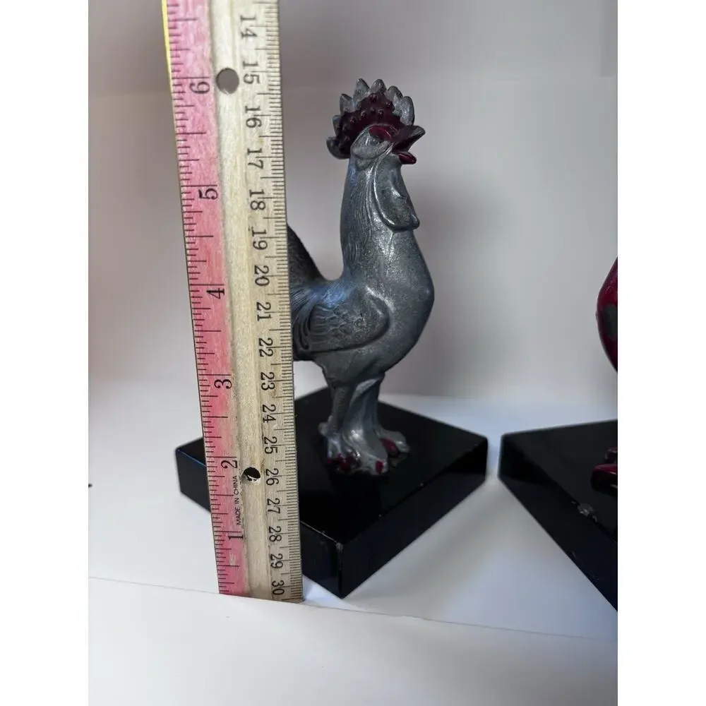 Vintage Rooster Bookends Red Silver Farmhouse French Country Kitchen Decor Heavy